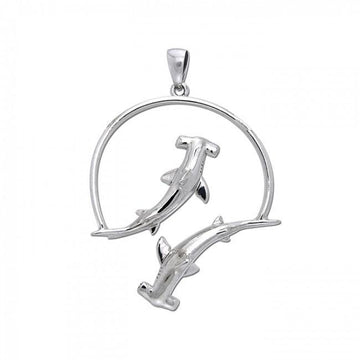 Double Swimming Hammerhead Shark Silver Pendant TPD3940 - Jewelry